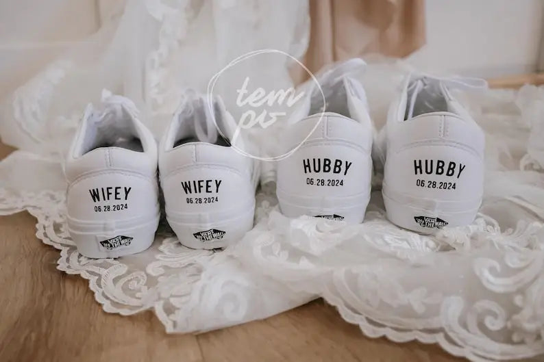 Personalized Wedding Custom Sneakers Custom Name & Wedding Date Printed Bride Groom Couple White Wedding Footwear Pearl Decor Bridal Custom Air Force 1 Comfortable Wedding Shoes