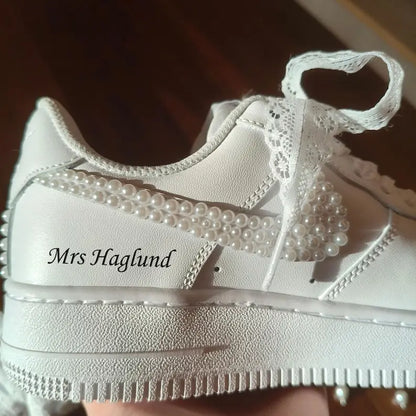 Personalized Name Date Pearl Lace Bridal Custom Air Force 1, Handmade Wedding Custom Sneakers for Bride