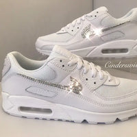 White Bling Crystal Rhinestone Embellished Wedding Bridal Custom Air Force 1 Custom Sneakers, Shiny Comfortable Women Casual Customized Trainers for Daily Wear & Special Occasions