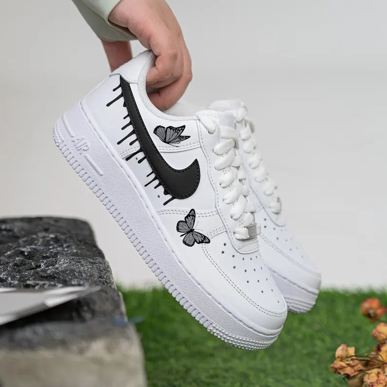 Hand Painted Black Butterfly Drip Custom Air Force 1, Unique Personalized Custom Sneakers