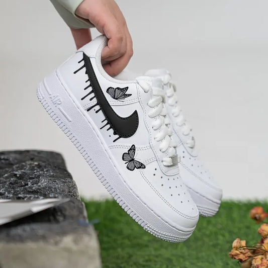 Hand Painted Black Grey Butterfly Dripping Swoosh Custom Air Force 1, Trendy Unisex Streetwear Casual Custom Sneakers