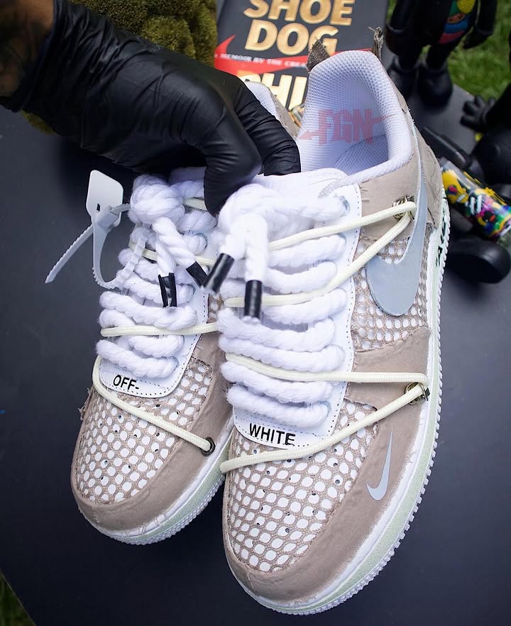 Custom Handmade Beige Air Force 1 Chunky Lace Sneakers
