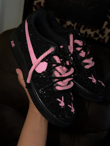 Hand Painted Pink Black Glitter Custom Air Force 1 Sneakers