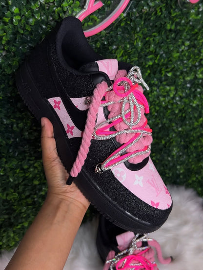 Hand Painted Pink Black Glitter Custom Air Force 1 Sneakers