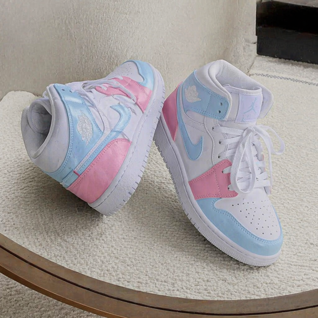 Hand Painted Pink Blue Custom Air Jordan 1 Mid Sneakers