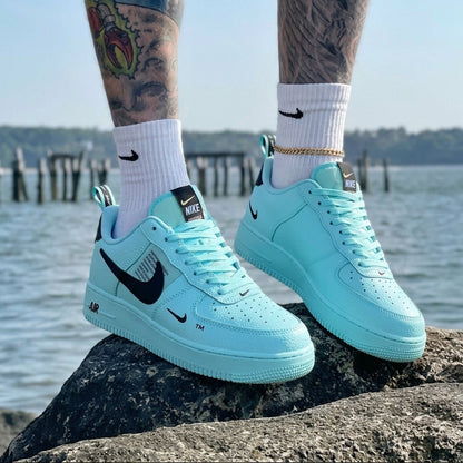 Aqua blue black custom Air Force 1 sneakers with handmade finish