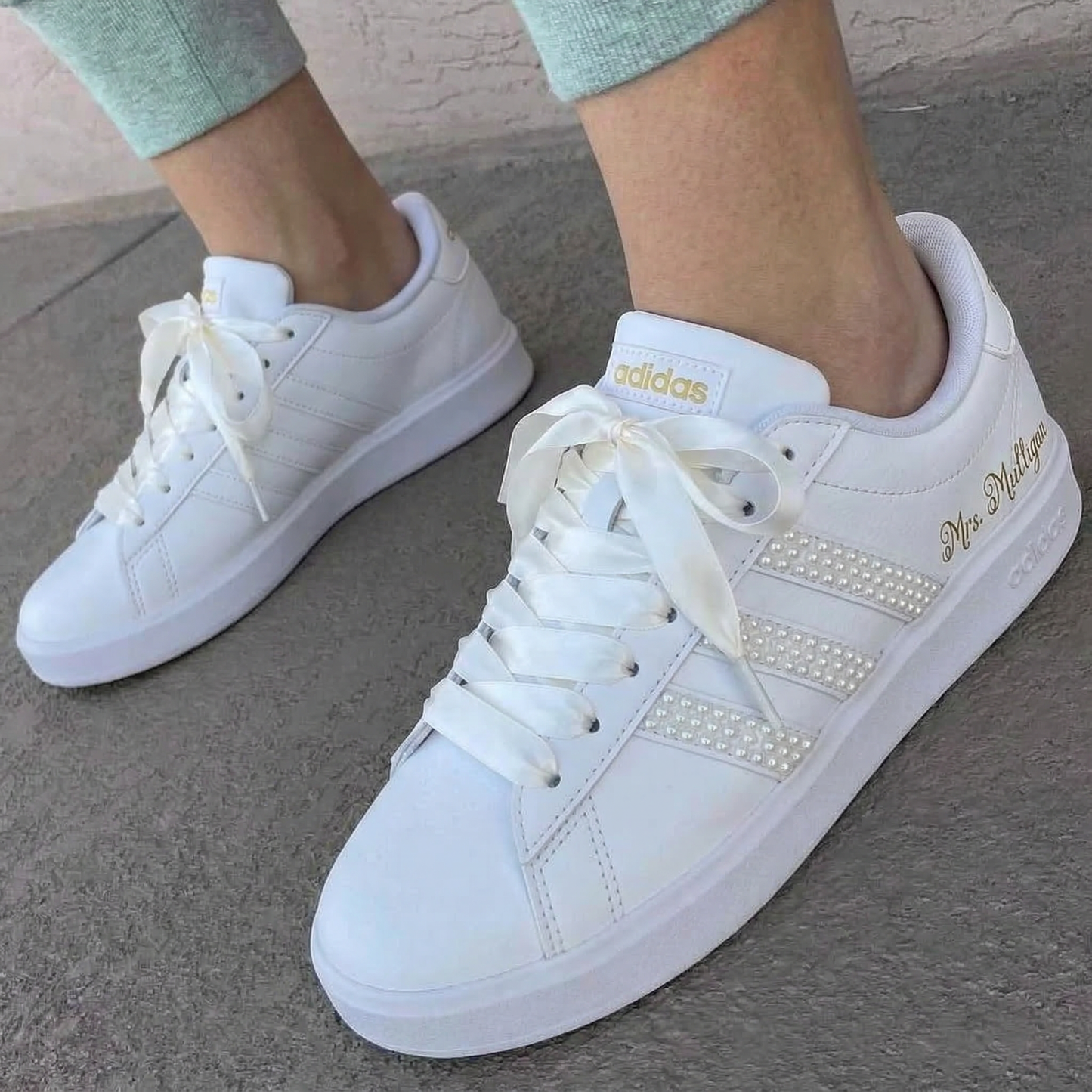 Custom Adidas Weeding Shoes Pearls Satin Laces Gold White Gold