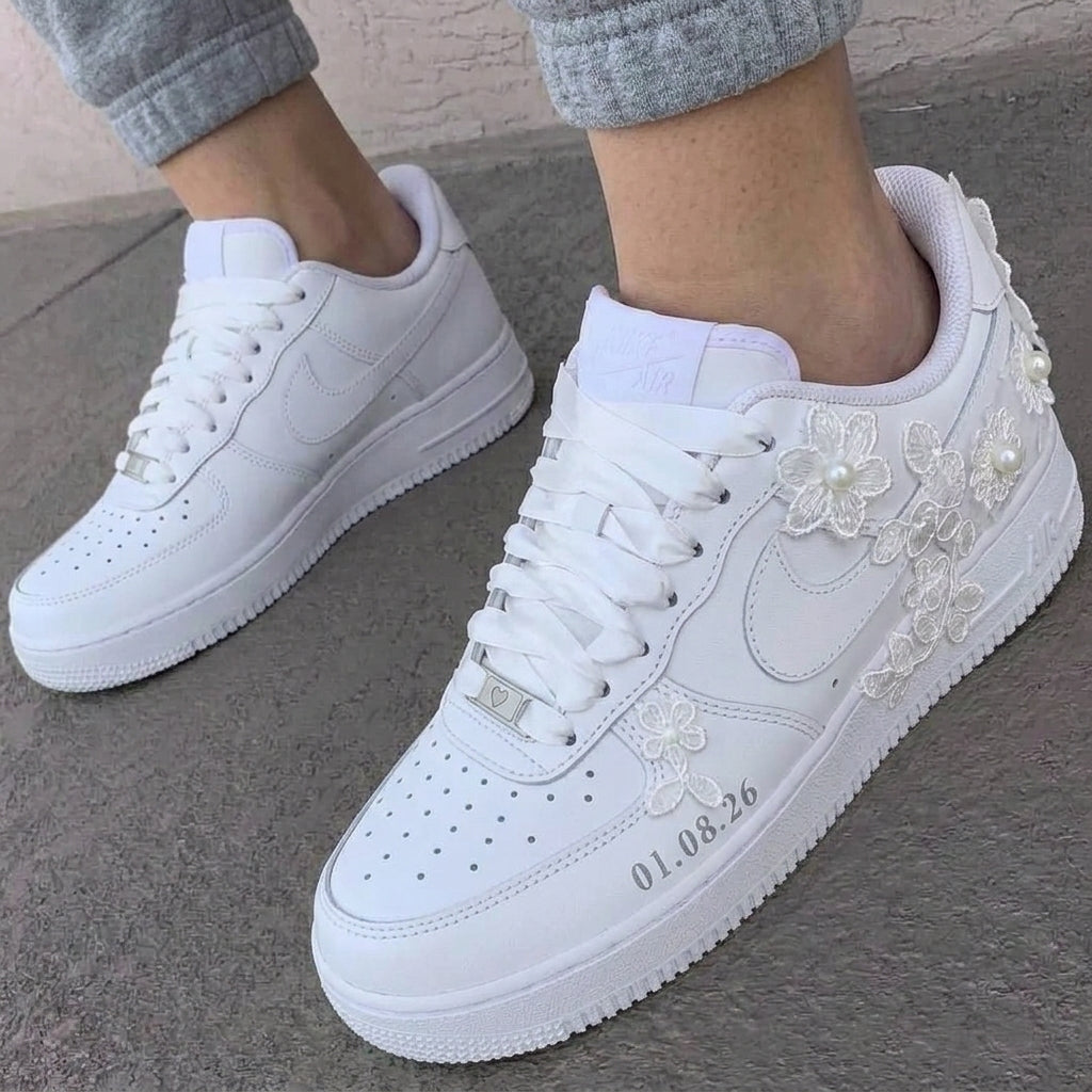 Custom AF 1s Personalized Weeding Shoes Lace Flowers Pearls Date