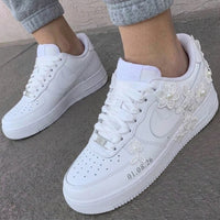 Custom AF 1s Personalized Weeding Shoes Lace Flowers Pearls Date