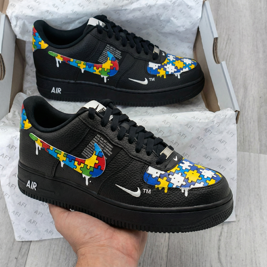 Custom AF 1s Shoes Abstract Black Interlocking Puzzle