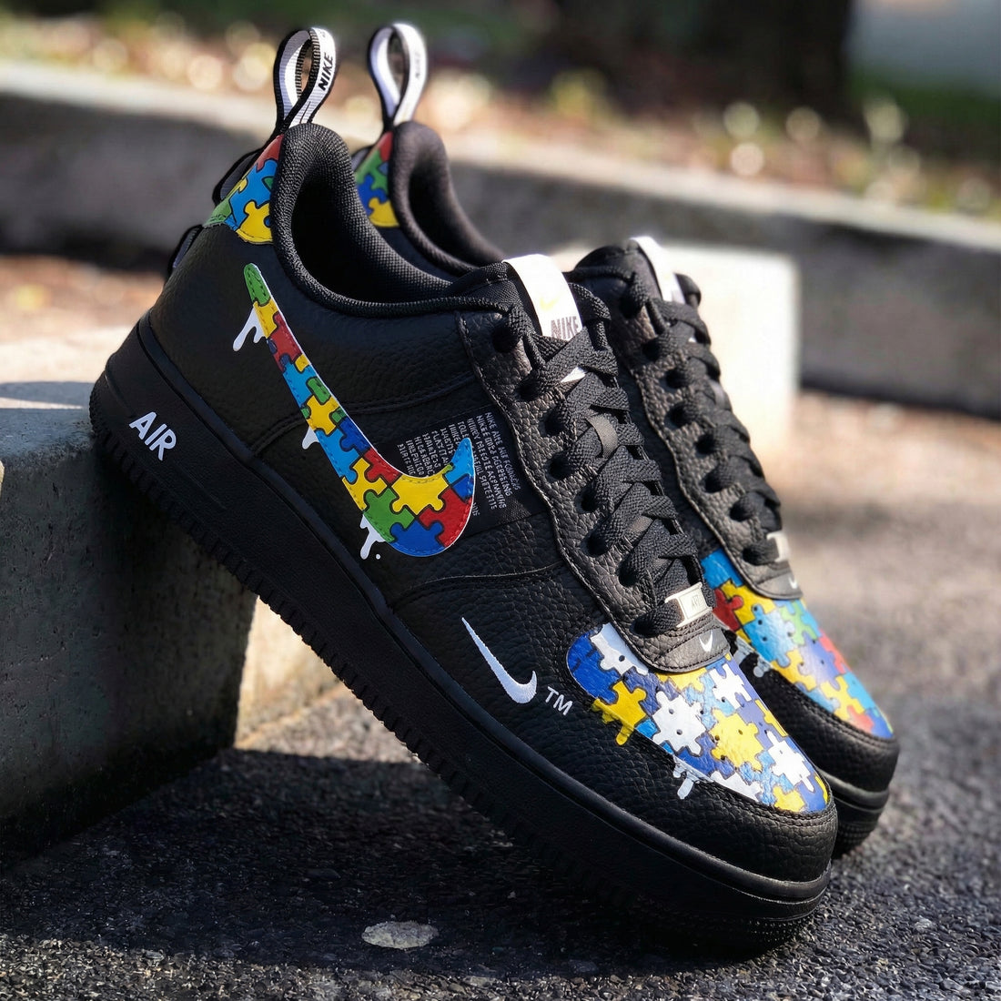 Custom AF 1s Shoes Abstract Black Interlocking Puzzle