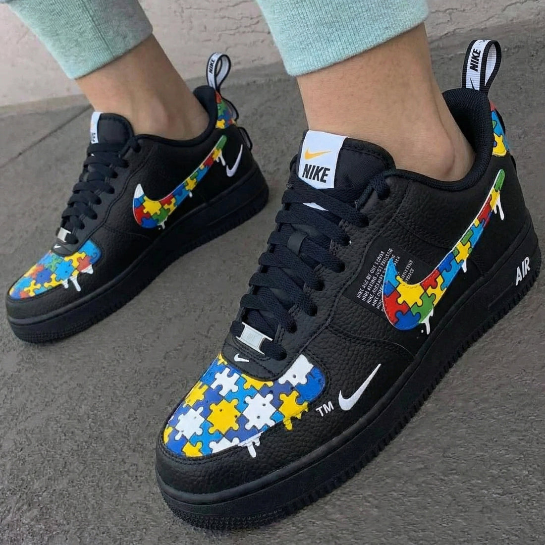 Custom AF 1s Shoes Abstract Black Interlocking Puzzle