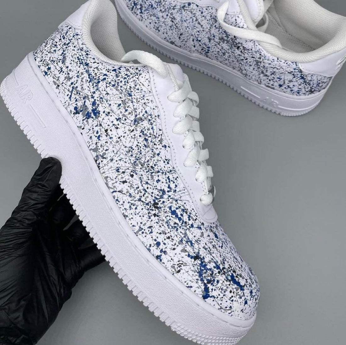 Custom AF 1s Shoes Abstract Navy Blue Gray Ink Splash