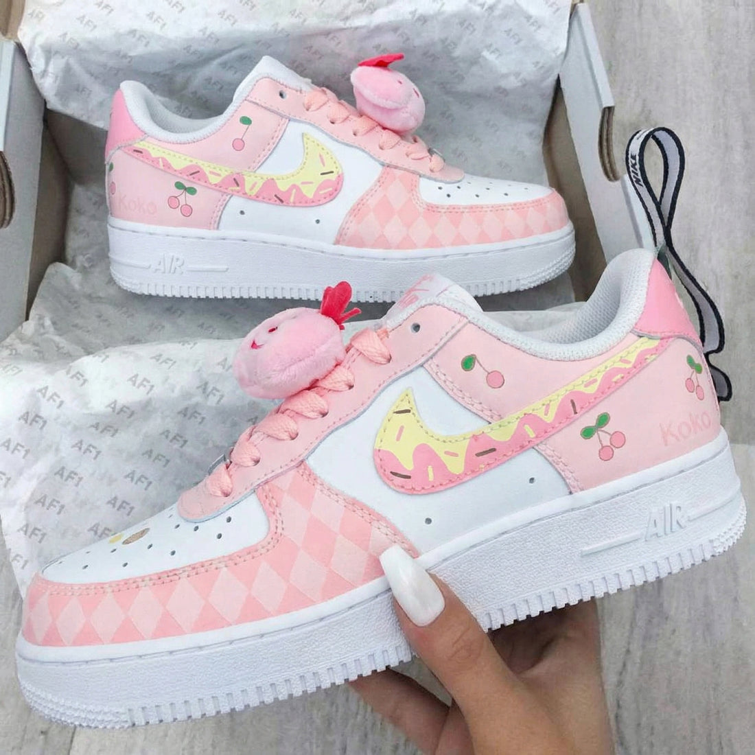 Custom AF 1s Shoes Adorable Baby Pink White Cherry Pattern