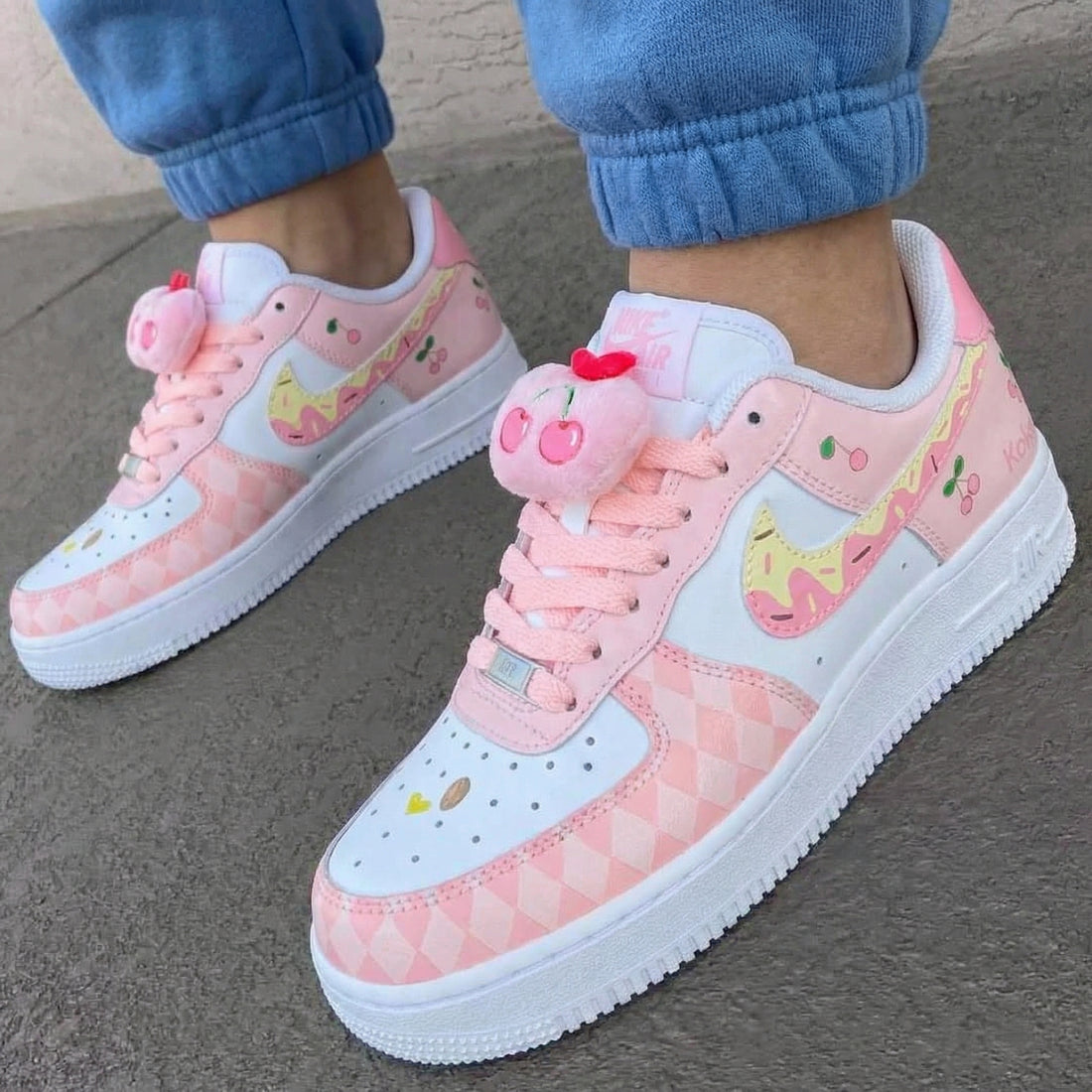 Custom AF 1s Shoes Adorable Baby Pink White Cherry Pattern