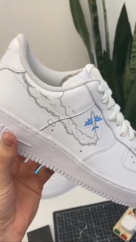 Custom AF 1s Shoes Airplane and Smoke Pattern Blue and Gray