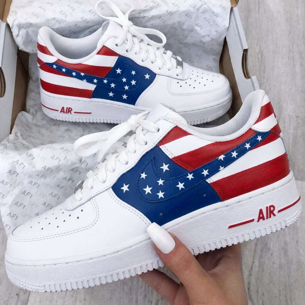 Custom AF 1s Shoes American Flag Pattern Red Blue
