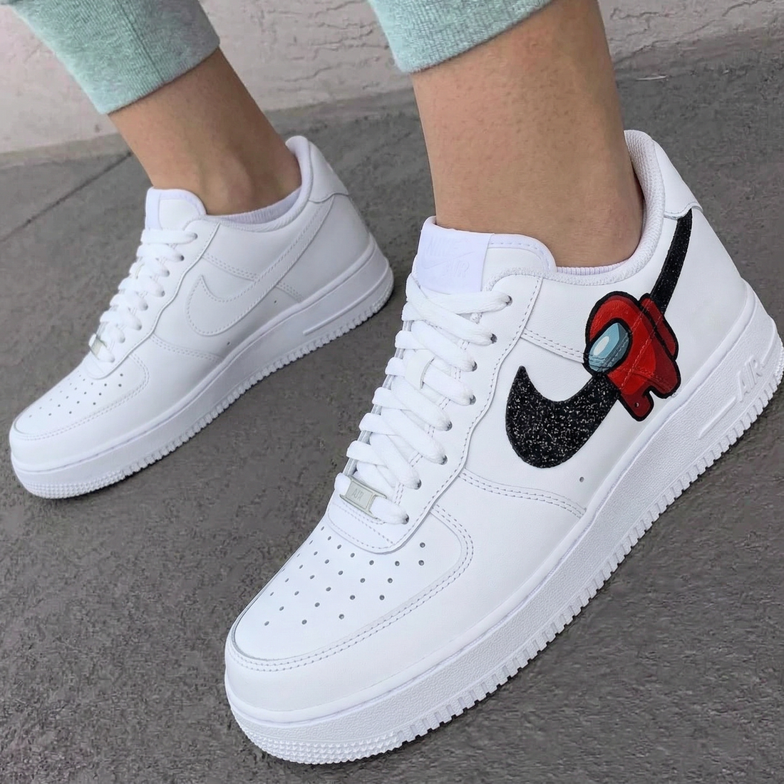 Custom AF 1s Shoes Among Us Red Character Glitter Black Swoosh Red Black