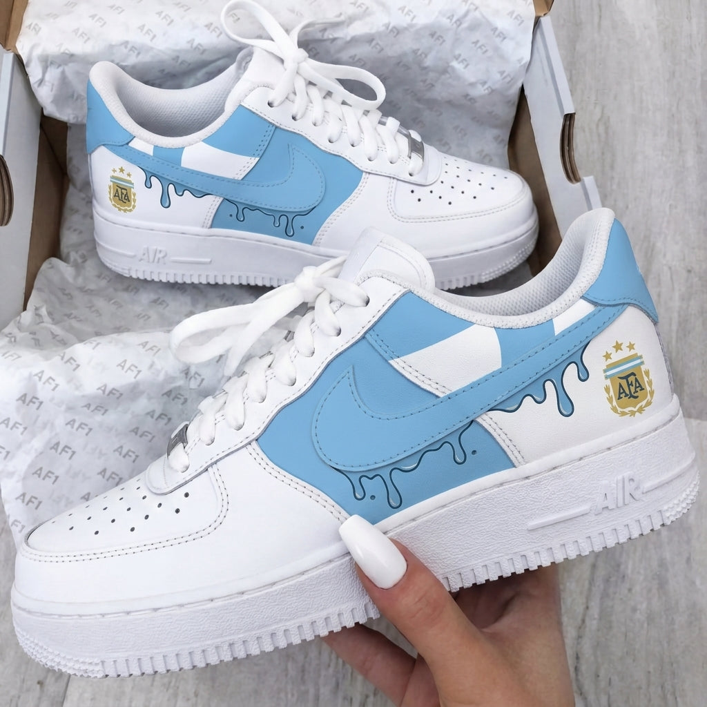 Custom AF 1s Shoes Argentina Drip Baby Blue White