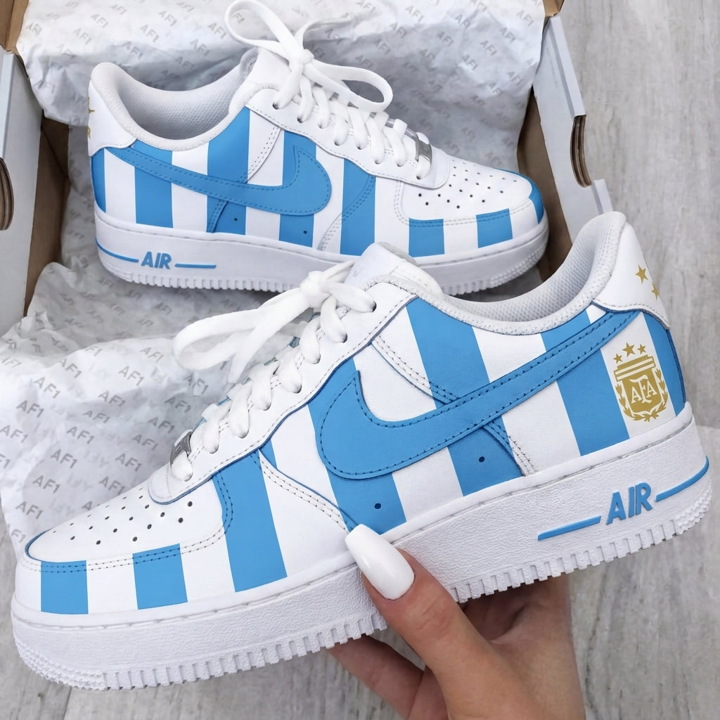 Custom AF 1s Shoes Argentina Stripe Baby Blue Gold