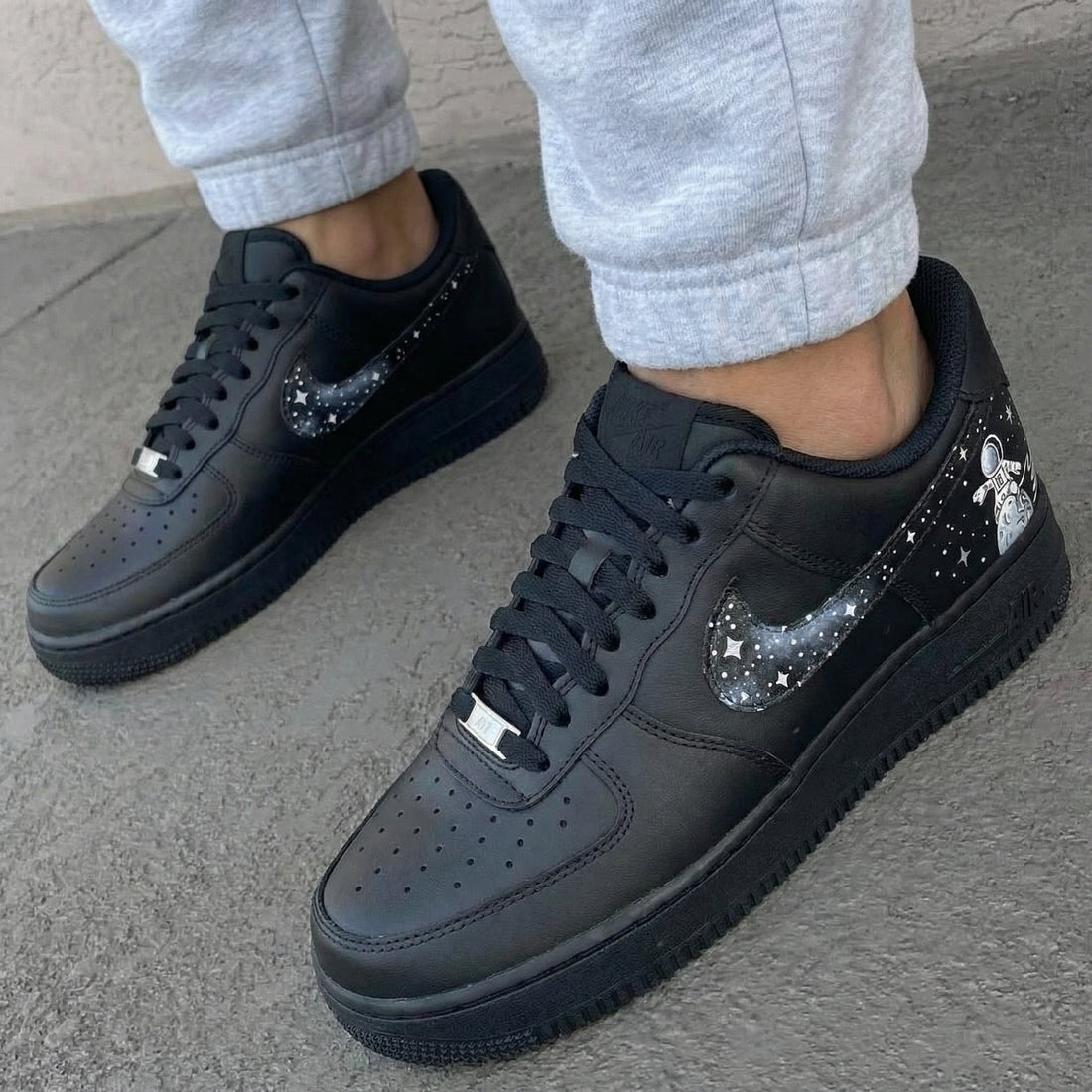 Custom AF 1s Shoes Astronaut Stars Black Silver
