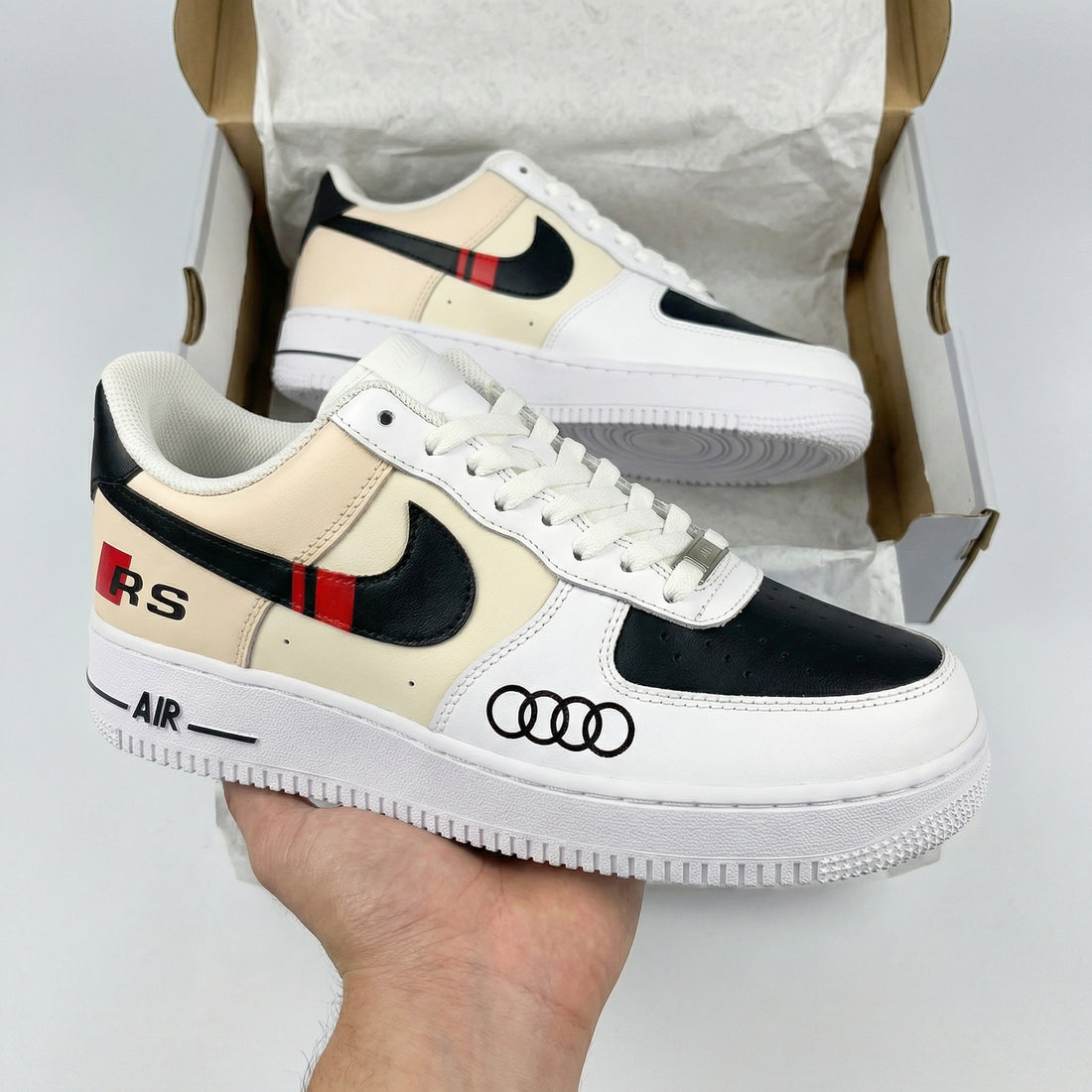 Custom AF 1s Shoes Audi RS Logo Red Stripe Cream Black