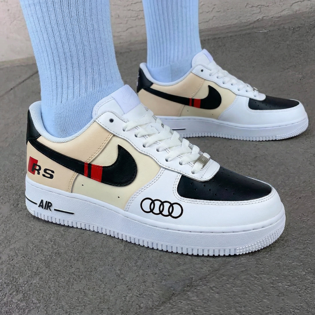 Custom AF 1s Shoes Audi RS Logo Red Stripe Cream Black