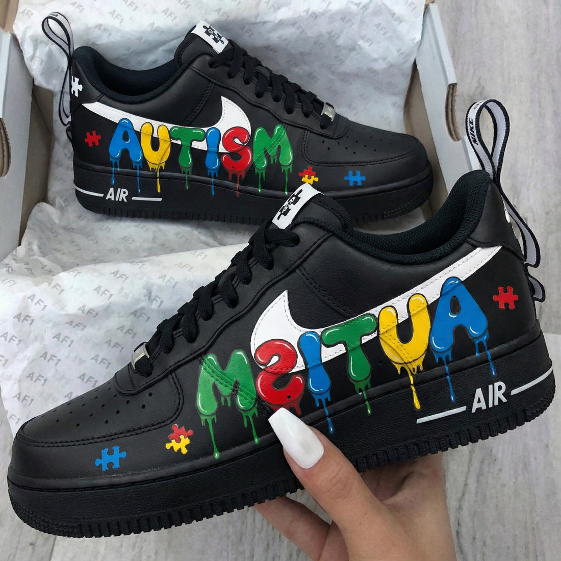 Custom AF 1s Shoes Autism Awareness Puzzle Pieces Black