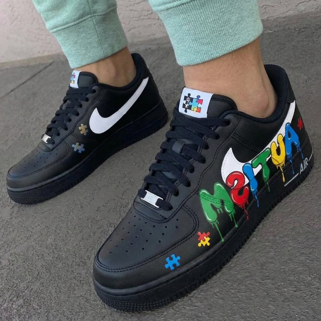 Custom AF 1s Shoes Autism Awareness Puzzle Pieces Black