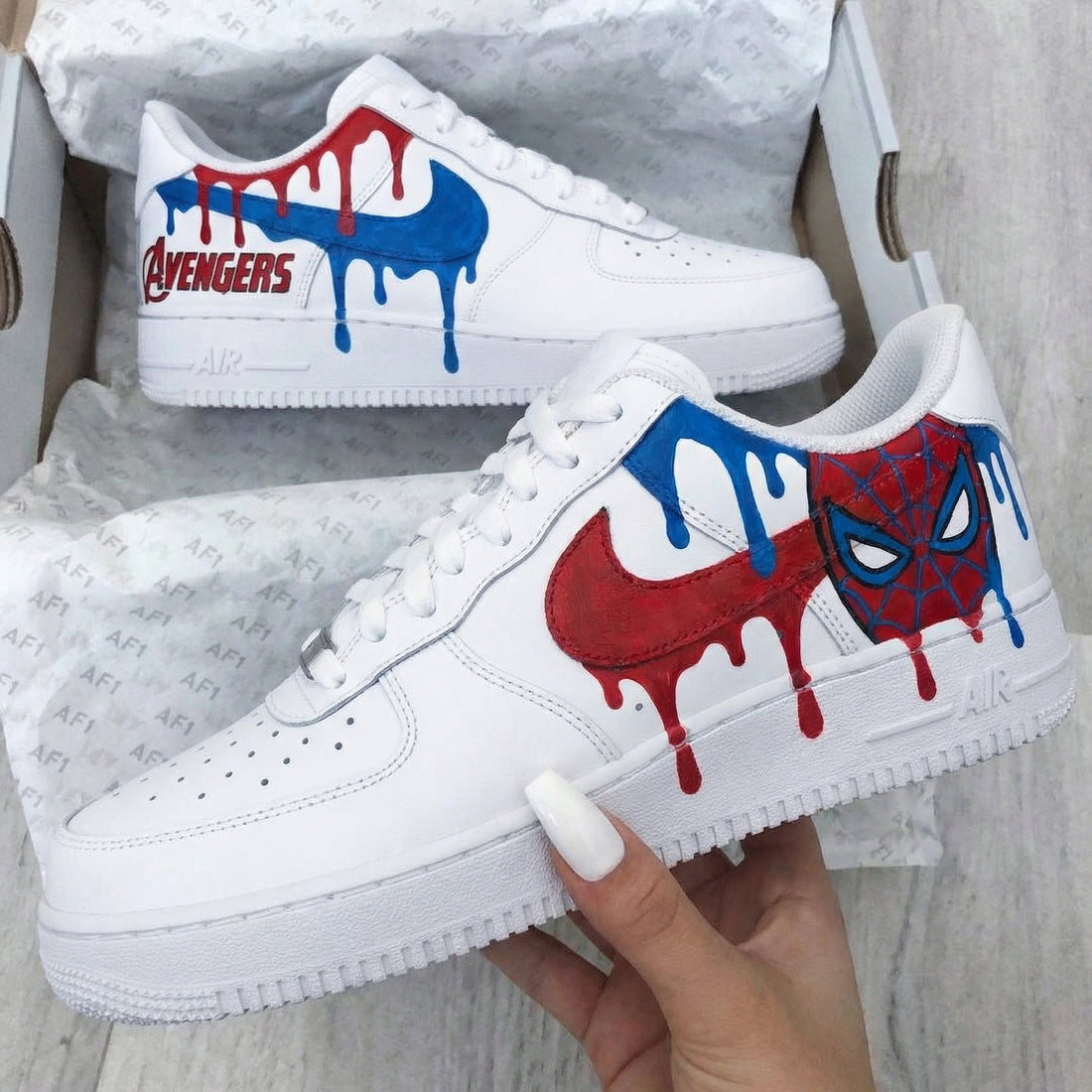 Custom AF 1s Shoes Avengers Spiderman Drip Red Blue