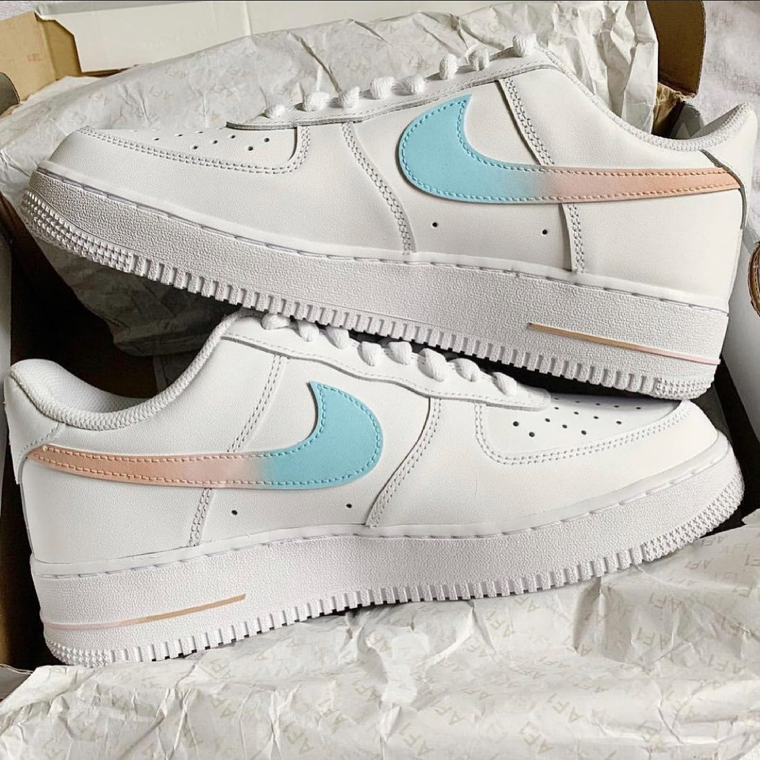 Custom AF 1s Shoes Baby Blue and Baby Pink Accents