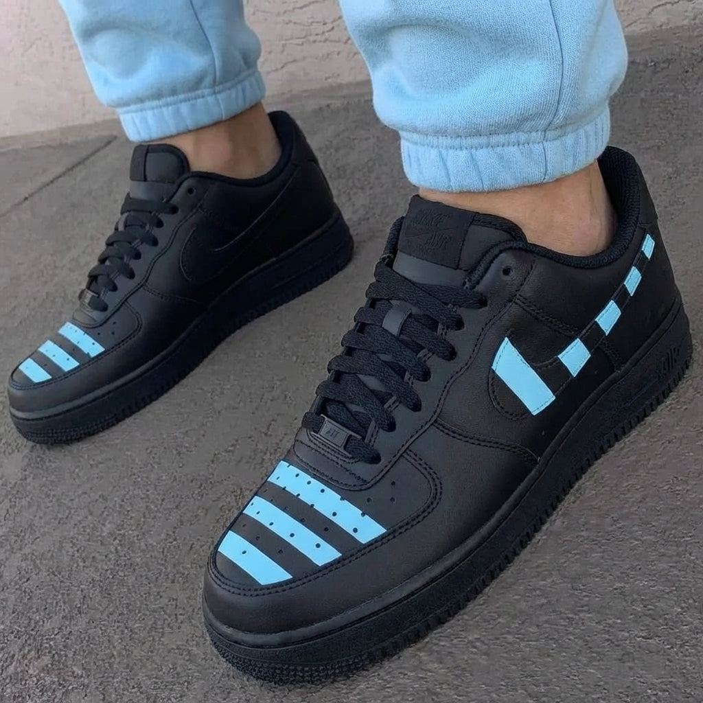 Custom AF 1s Shoes Baby Blue Stripes On Black
