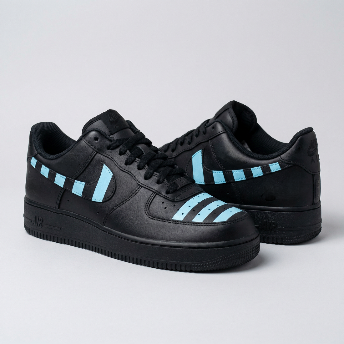 Custom AF 1s Shoes Baby Blue Stripes On Black