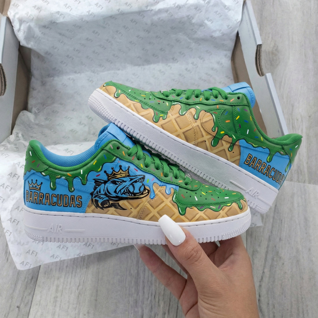 Custom AF 1s Shoes Barracudas Fish Waffle Green Drip Baby Blue Green
