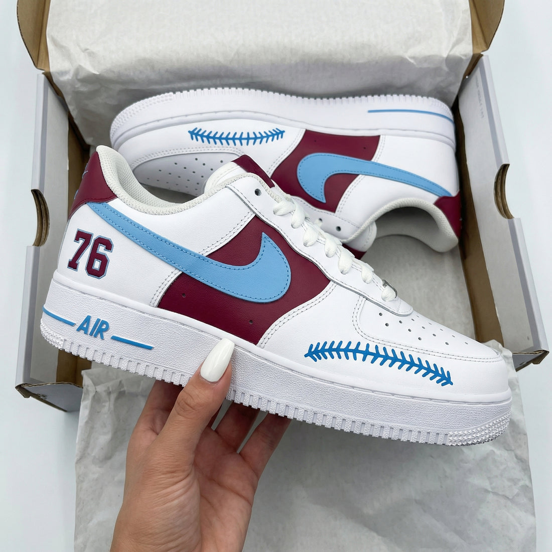 Custom AF 1s Shoes Baseball Stitching 76 Baby Blue Burgundy