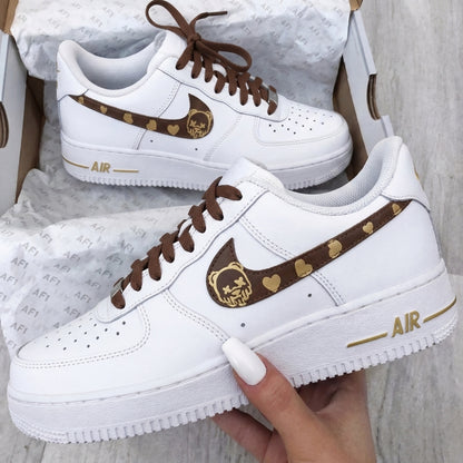 Custom AF 1s Shoes Bear Heart Print Brown Gold
