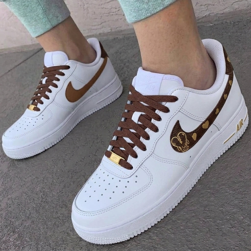 Custom AF 1s Shoes Bear Heart Print Brown Gold