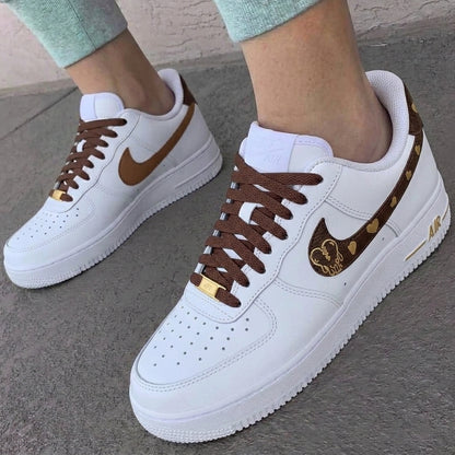 Custom AF 1s Shoes Bear Heart Print Brown Gold