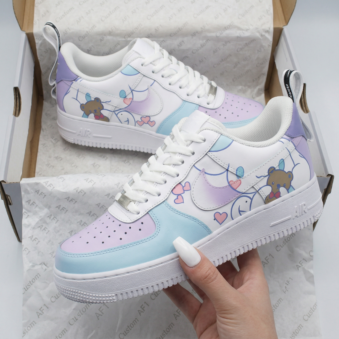 Custom AF 1s Shoes Bears Hearts Balloons Baby Blue Baby Purple Cinnamoroll