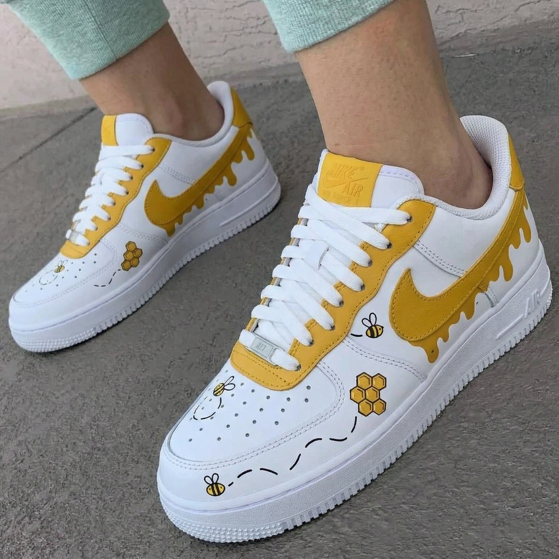 Custom AF 1s Shoes Bees Honeycombs Honey Drip White Yellow