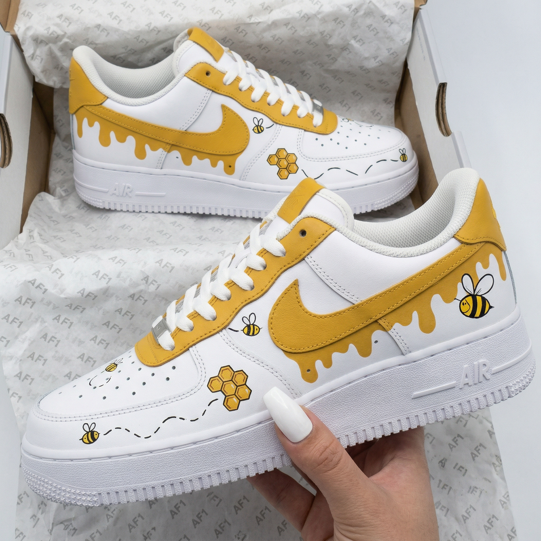 Custom AF 1s Shoes Bees Honeycombs Honey Drip White Yellow