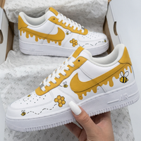 Custom AF 1s Shoes Bees Honeycombs Honey Drip White Yellow
