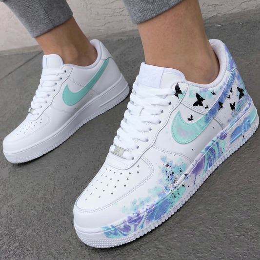 Custom AF 1s Shoes Black Butterflies Watercolor Blue Mint Purple