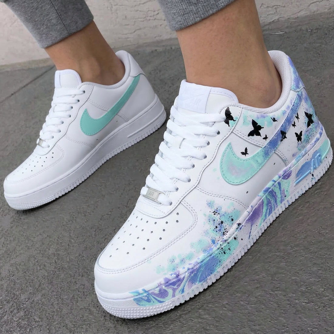 Custom AF 1s Shoes Black Butterflies Watercolor Blue Mint Purple