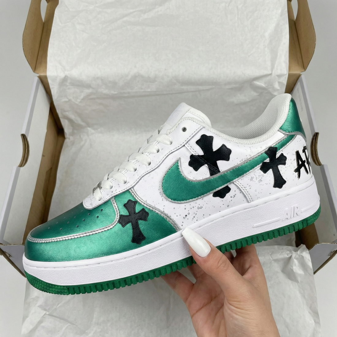 Custom AF 1s Shoes Black Crosses Green Black