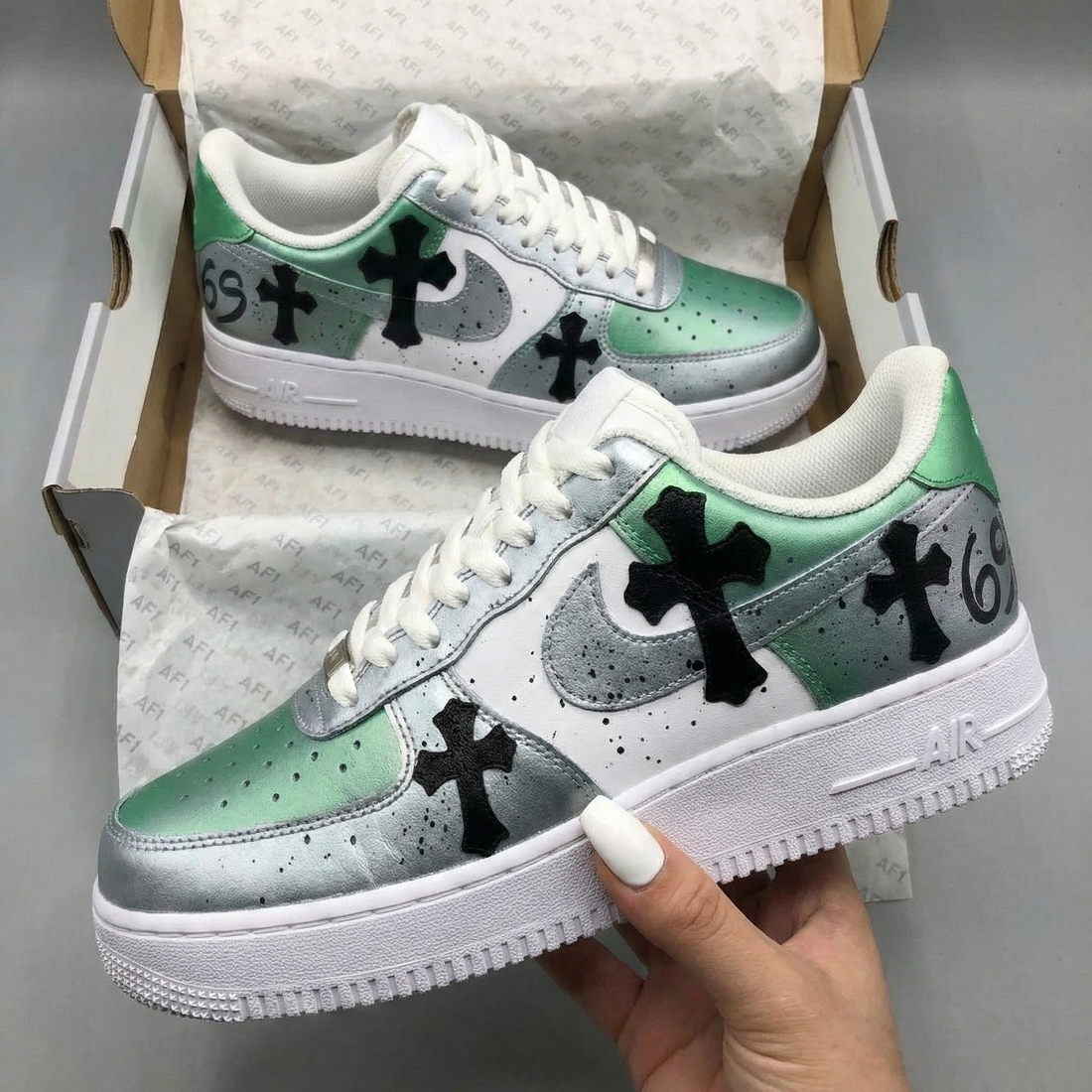 Custom AF 1s Shoes Black Crosses Green Silver
