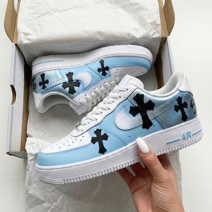 Custom AF 1s Shoes Black Crosses Sky Blue