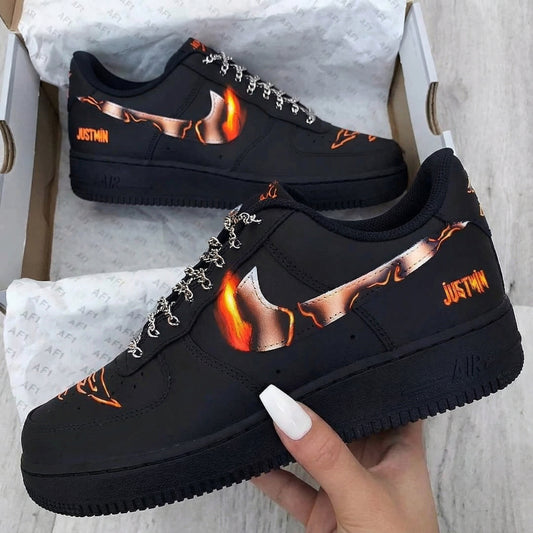 Custom AF 1s Shoes Blazing Flame Black Orange Pattern