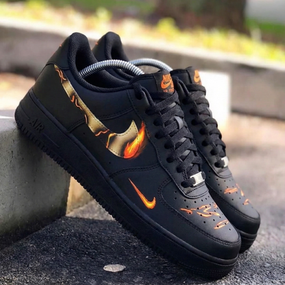 Custom AF 1s Shoes Blazing Flame Black Orange Pattern