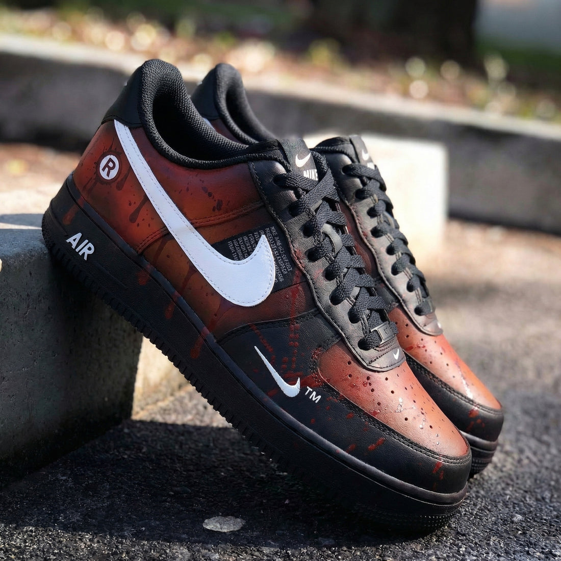 Custom AF 1s Shoes Blood Splatter Design Black Orange